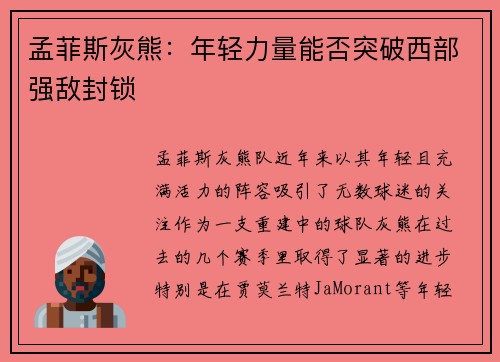 孟菲斯灰熊：年轻力量能否突破西部强敌封锁